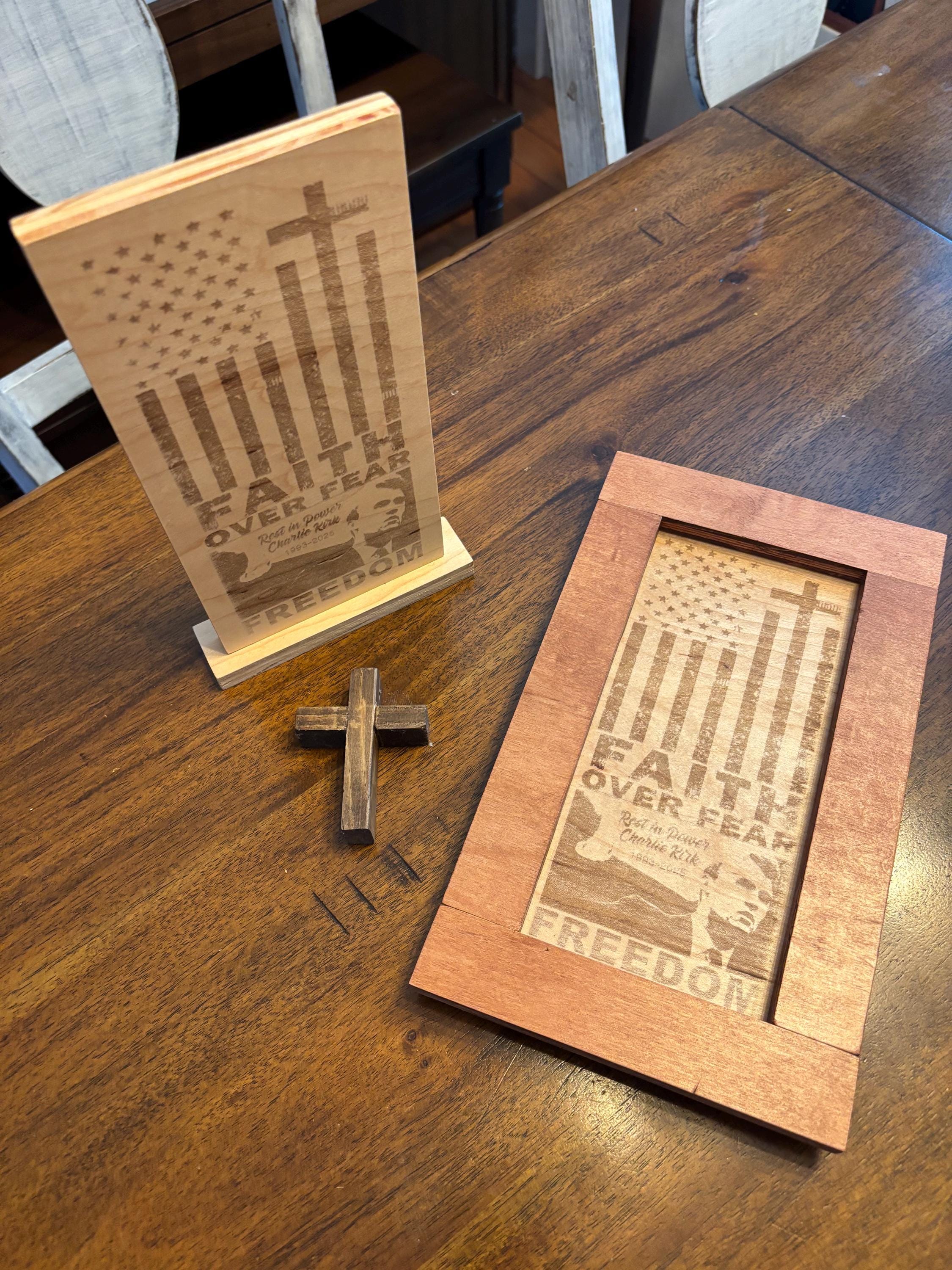 Engraved Maple Charlie Kirk Memorial Sign: Laser-Cut Tribute Plaque
