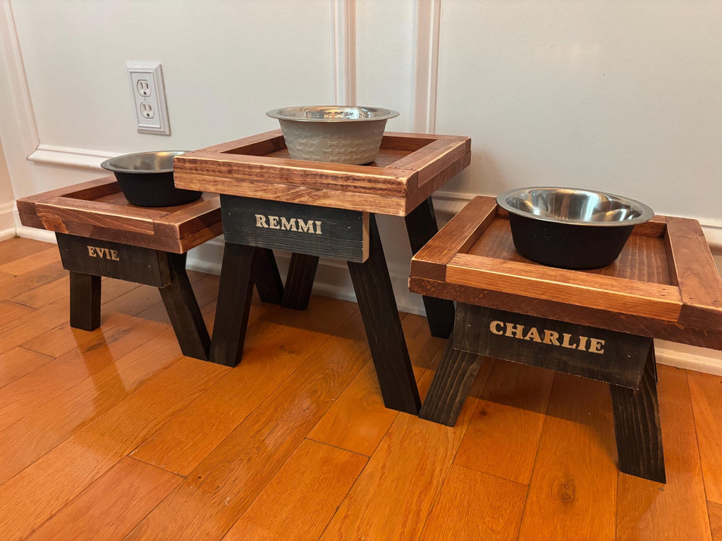 Rustic Wooden Dog Bowl Stand: Farmhouse Pet Feeder with Stainless Steel Bowl