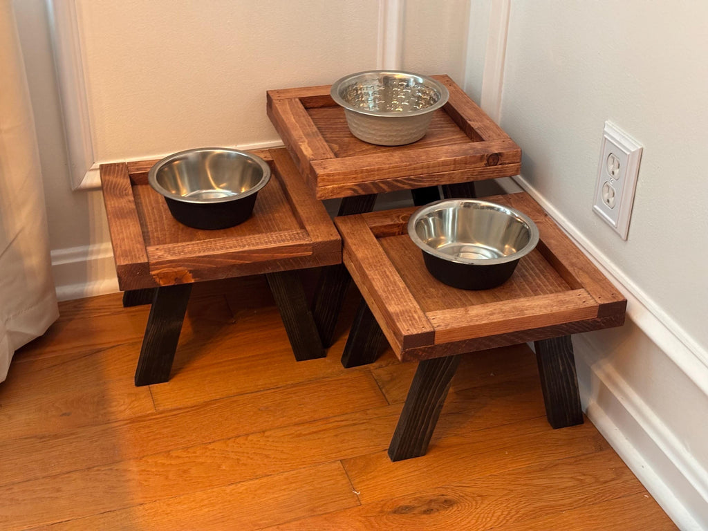 Rustic Wooden Dog Bowl Stand: Farmhouse Pet Feeder with Stainless Steel Bowl