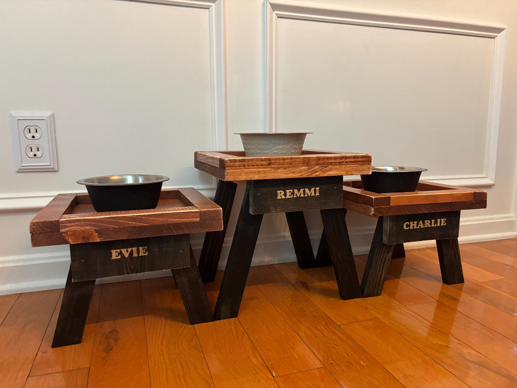 Rustic Wooden Dog Bowl Stand: Farmhouse Pet Feeder with Stainless Steel Bowl