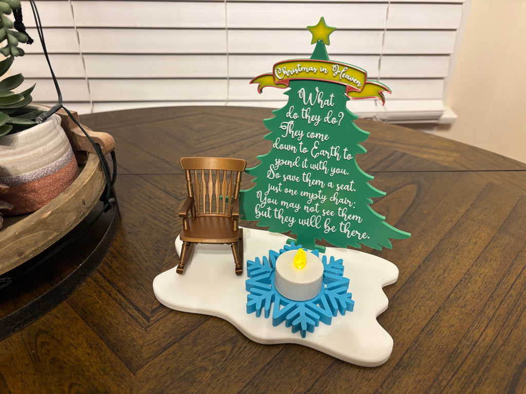 Christmas in Heaven Memorial Tree – 3D Printed Keepsake with Chair & Tea Light Candle