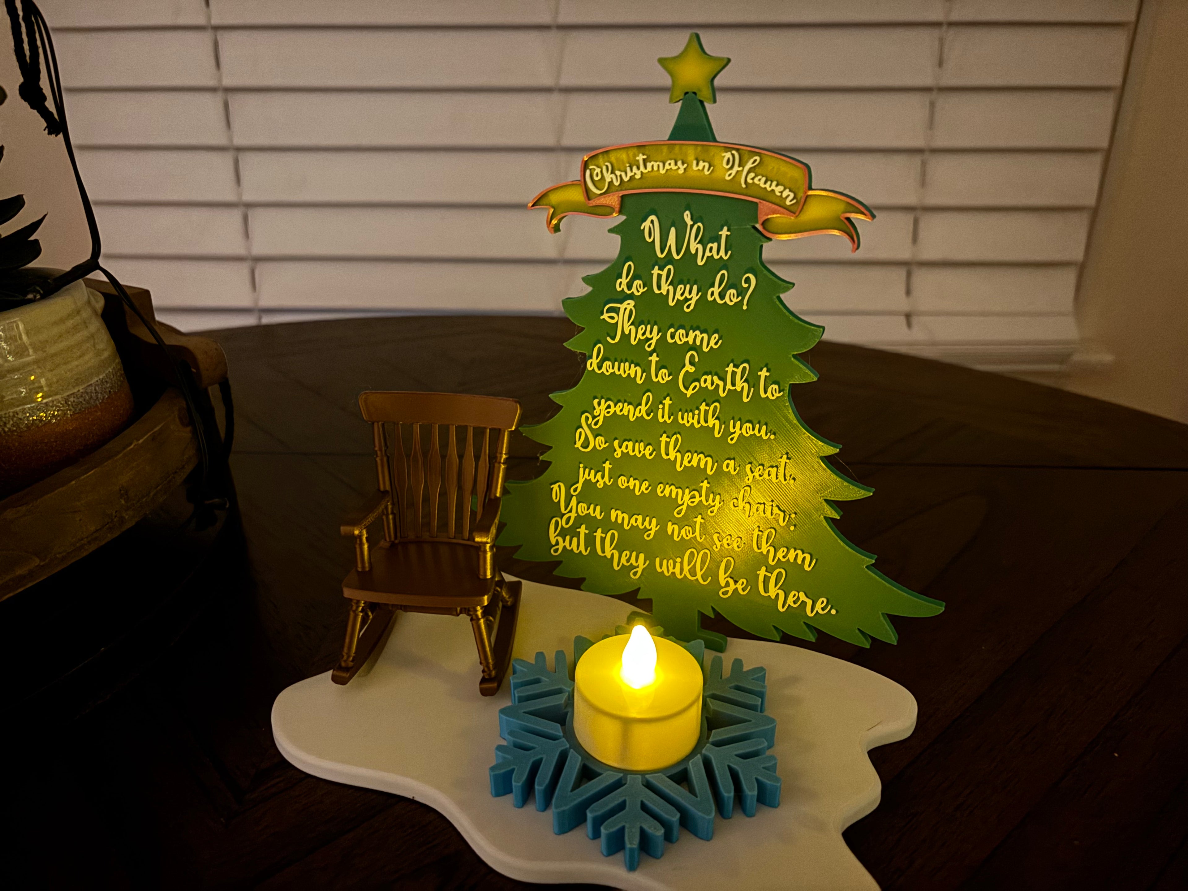 Christmas in Heaven Memorial Tree – 3D Printed Keepsake with Chair & Tea Light Candle
