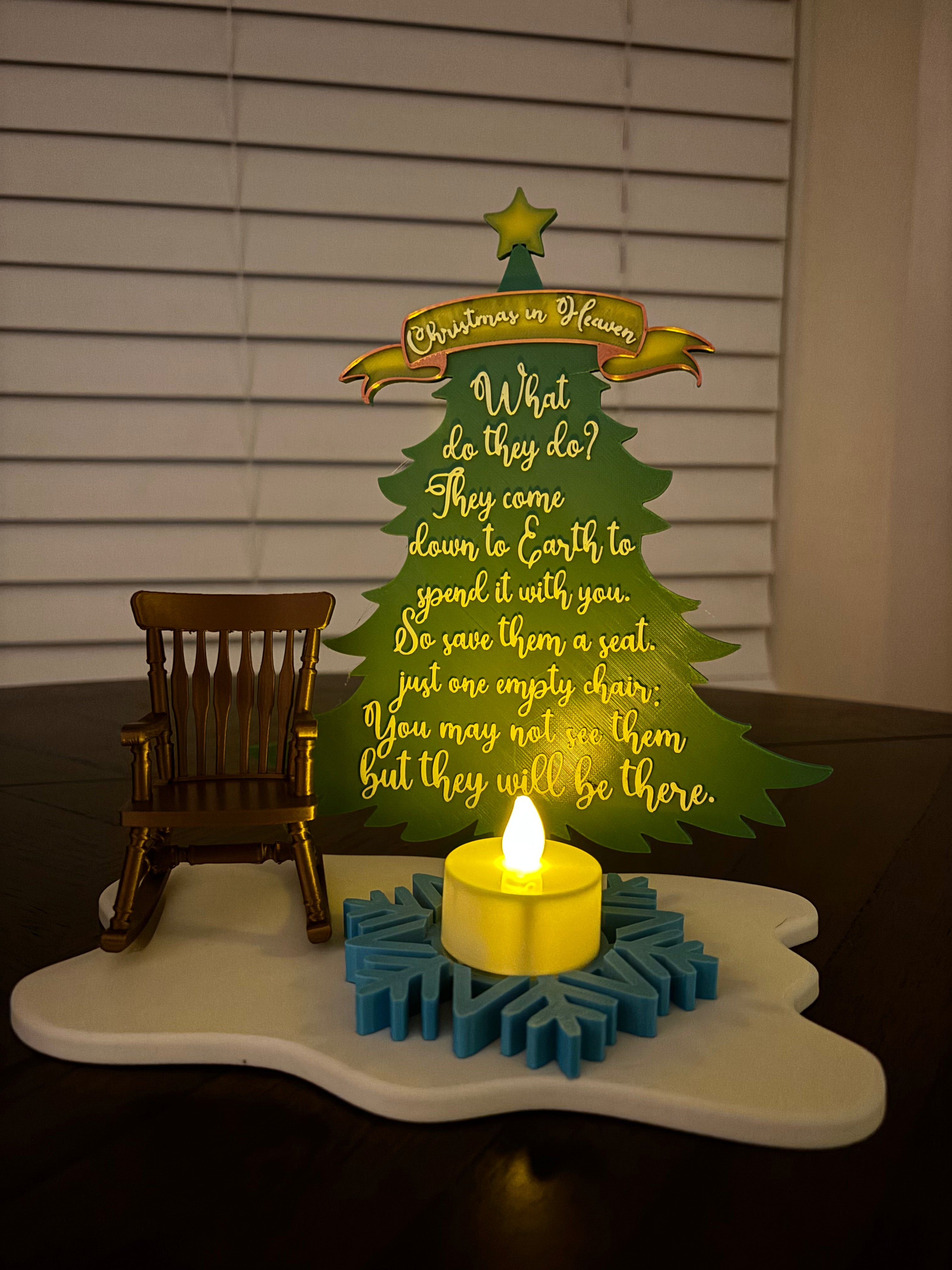 Christmas in Heaven Memorial Tree – 3D Printed Keepsake with Chair & Tea Light Candle