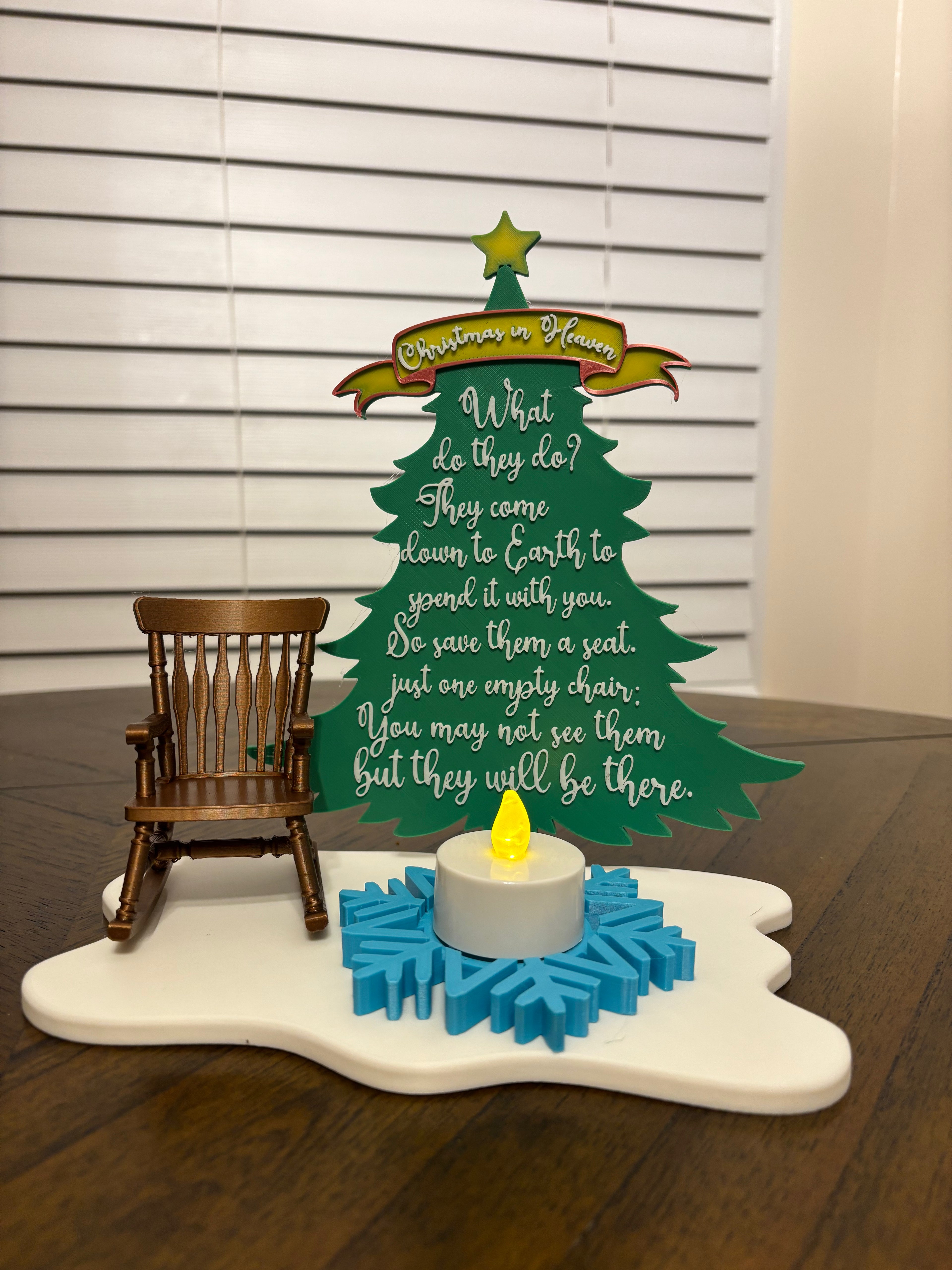 Christmas in Heaven Memorial Tree – 3D Printed Keepsake with Chair & Tea Light Candle
