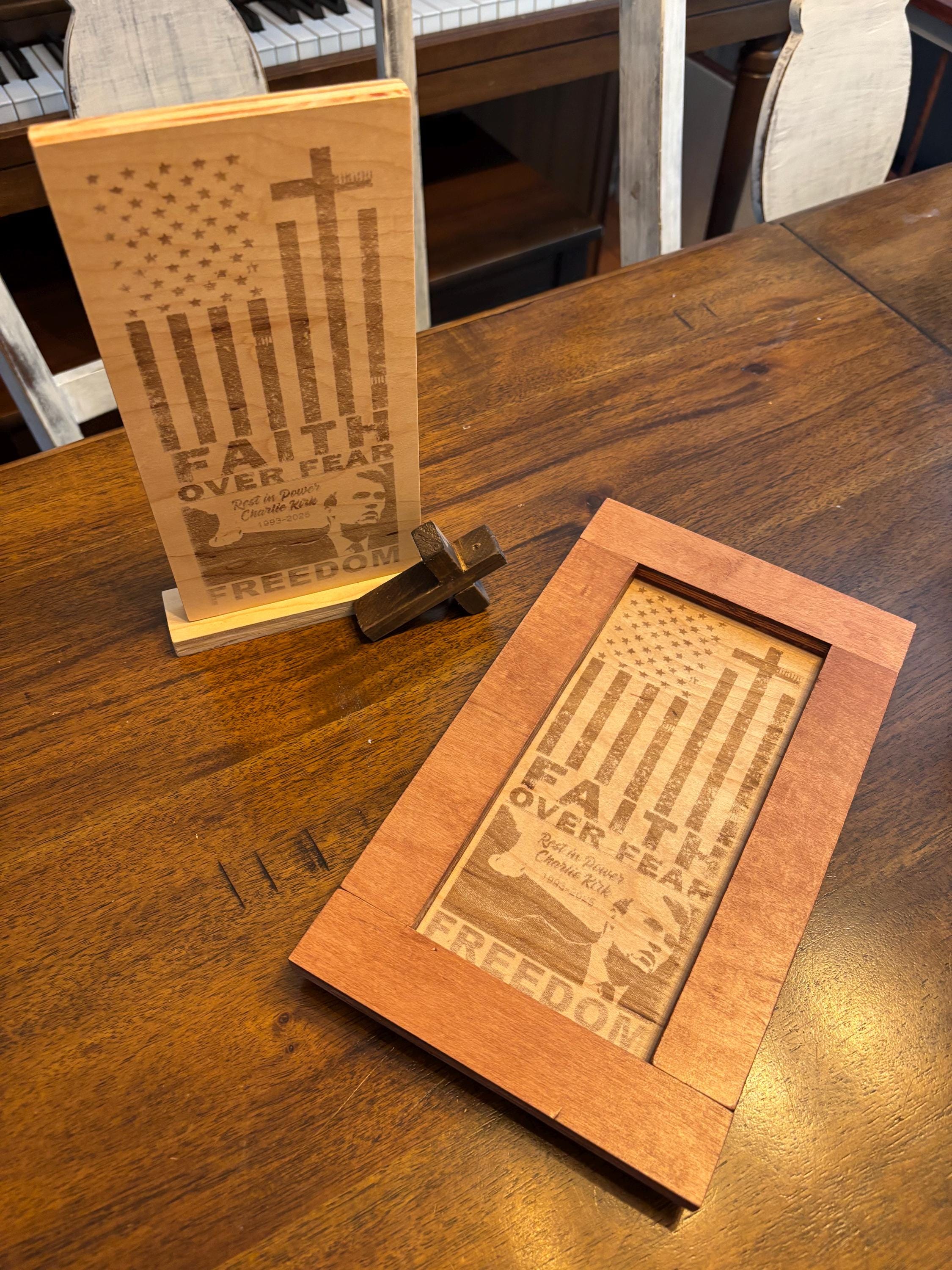 Engraved Maple Charlie Kirk Memorial Sign: Laser-Cut Tribute Plaque